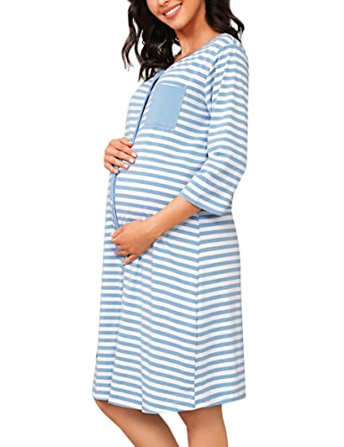 Marvmys Stillnachthemd Damen 3/4 Ärmel Geburtskleid Umstandsnachthemd Baumwolle Streifen Schlafhemd mit Durchgehender Knopfleiste Pyjama für Schwangere Blau XXL von Marvmys