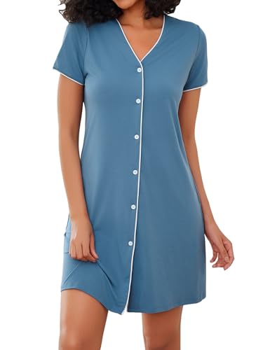 Marvmys Stillnachthemd Damen Kurzarm V Ausschnitt Umstandskleid aus Baumwolle mit Knopfleiste Lässiges Nachthemd mit Brusttasche Stil A von Marvmys