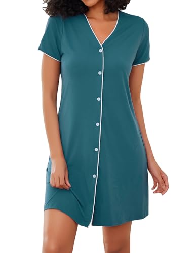 Marvmys Stillnachthemd Damen Kurzarm V Ausschnitt Umstandskleid aus Baumwolle mit Knopfleiste Lässiges Nachthemd mit Brusttasche Stil B von Marvmys