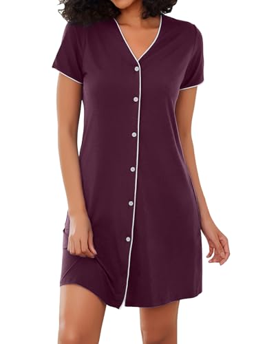 Marvmys Stillnachthemd Damen Kurzarm V Ausschnitt Umstandskleid aus Baumwolle mit Knopfleiste Lässiges Nachthemd mit Brusttasche Stil C von Marvmys