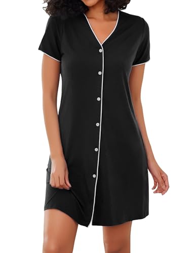 Marvmys Stillnachthemd Damen Kurzarm V Ausschnitt Umstandskleid aus Baumwolle mit Knopfleiste Lässiges Nachthemd mit Brusttasche Stil D von Marvmys