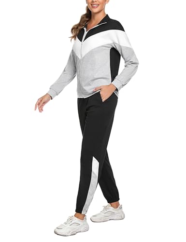 Marvmys Streatwear Trainingsanzüge Damen Sportanzüge Jogginganzug Zweiteiler Farbkontrast Langarm Reißverschluss Outfit Sport Bekleidungsset Hellgrau L von Marvmys