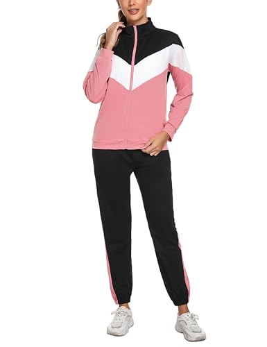 Marvmys Streatwear Trainingsanzüge Damen Sportanzüge Jogginganzug Zweiteiler Farbkontrast Langarm Reißverschluss Outfit Sport Bekleidungsset Lotusfarbe M von Marvmys