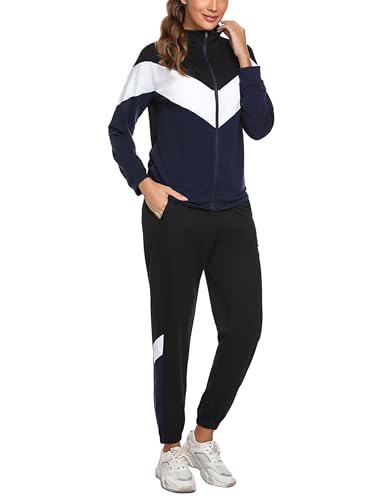 Marvmys Streatwear Trainingsanzüge Damen Sportanzüge Jogginganzug Zweiteiler Farbkontrast Langarm Reißverschluss Outfit Sport Bekleidungsset Navy blau L von Marvmys