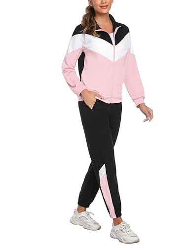 Marvmys Streatwear Trainingsanzüge Damen Sportanzüge Jogginganzug Zweiteiler Farbkontrast Langarm Reißverschluss Outfit Sport Bekleidungsset Rosa L von Marvmys