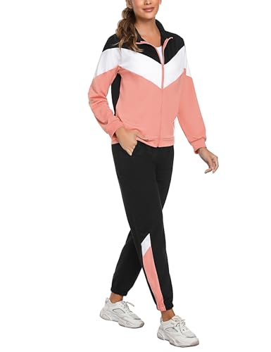 Marvmys Streatwear Trainingsanzüge Damen Sportanzüge Jogginganzug Zweiteiler Farbkontrast Langarm Reißverschluss Outfit Sport Bekleidungsset Rosarot L von Marvmys