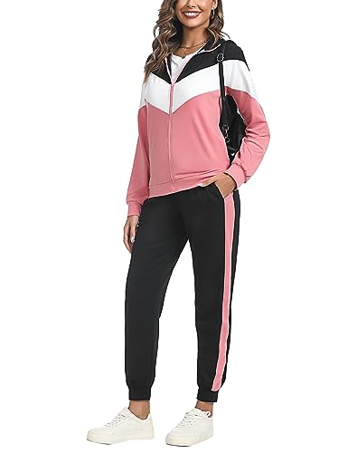 Marvmys Streatwear Trainingsanzüge für Damen Sportanzug Freizeitanzug Jogginganzug Damen Langarm mit Reißverschluss Kordelzug Taschen B-Rosa B L von Marvmys