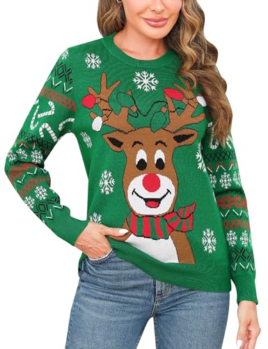 Marvmys Weihnachtspullover Damen Lustig Schneeflocken Rentier Winter Pullover Warm Weihnachtspullis Strickpullover Rundhals Women Christmas Sweater Grün-A L von Marvmys
