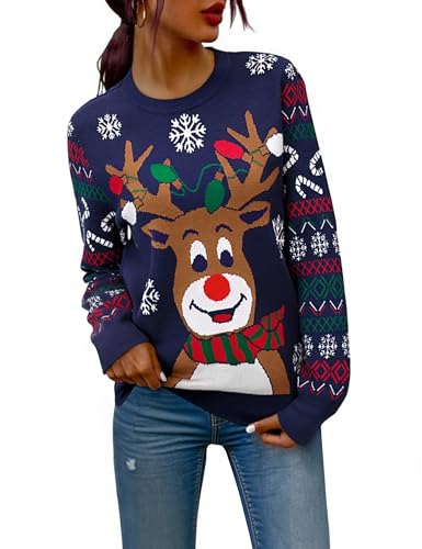 Marvmys Weihnachtspullover Damen Lustig Schneeflocken Rentier Winter Pullover Warm Weihnachtspullis Strickpullover Rundhals Women Christmas Sweater Navy blau-A L von Marvmys