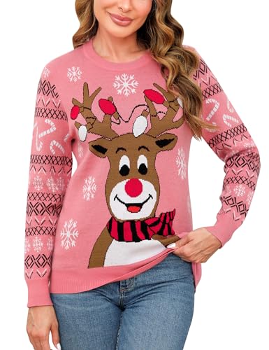 Marvmys Weihnachtspullover Damen Lustig Schneeflocken Rentier Winter Pullover Warm Weihnachtspullis Strickpullover Rundhals Women Christmas Sweater Rosa-A XXL von Marvmys