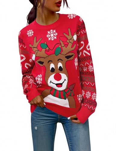 Marvmys Weihnachtspullover Damen Lustig Schneeflocken Rentier Winter Pullover Warm Weihnachtspullis Strickpullover Rundhals Women Christmas Sweater Rot-A M von Marvmys