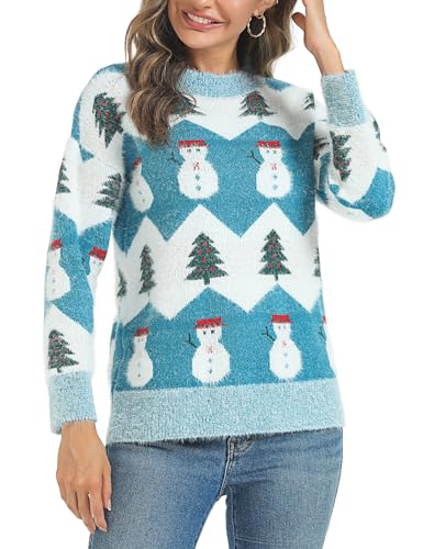 Marvmys Weihnachtspullover Damen Winter Fun Strickpullover Rundhals Weihnachtspullis mit Rentiermuster und Schneemann Muster Gestrickte Pullover Langarm Sweatshirt für Frauen Blau-Schneemann M von Marvmys