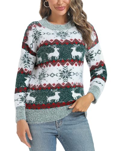 Marvmys Weihnachtspullover Damen Winter Fun Strickpullover Rundhals Weihnachtspullis mit Rentiermuster und Schneemann Muster Gestrickte Pullover Langarm Sweatshirt für Frauen Grün-Hirsch(B) S von Marvmys