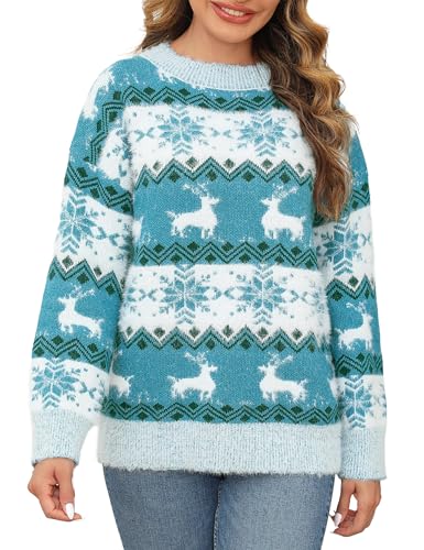 Marvmys Weihnachtspullover Damen Winter Fun Strickpullover Rundhals Weihnachtspullis mit Rentiermuster und Schneemann Muster Gestrickte Pullover Langarm Sweatshirt für Frauen Himmelblau-Hirsch XXL von Marvmys