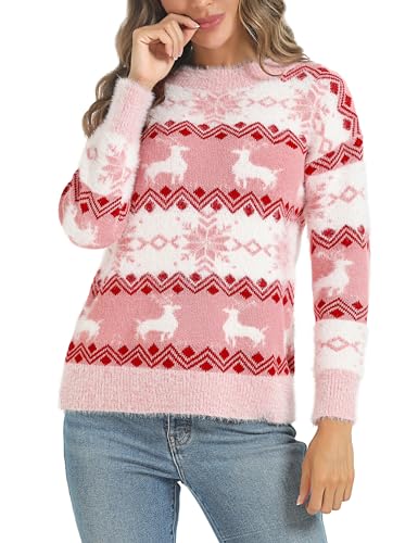 Marvmys Weihnachtspullover Damen Winter Fun Strickpullover Rundhals Weihnachtspullis mit Rentiermuster und Schneemann Muster Gestrickte Pullover Langarm Sweatshirt für Frauen Rosa-Hirsch L von Marvmys