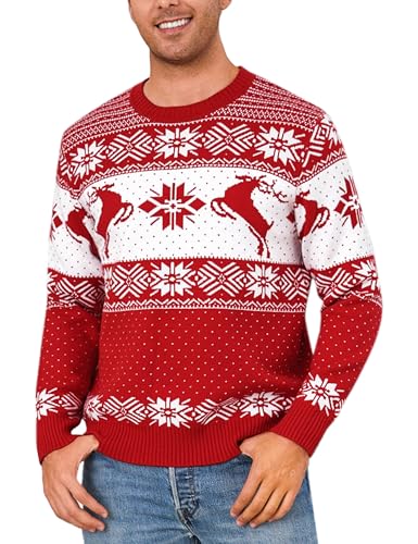 Marvmys Weihnachtspullover Herren Lustig Winter Pullover Warm Schneeflocken Rentier Weihnachtspullis Strickpullover Rundhals Christmas Sweater Rot XXL von Marvmys
