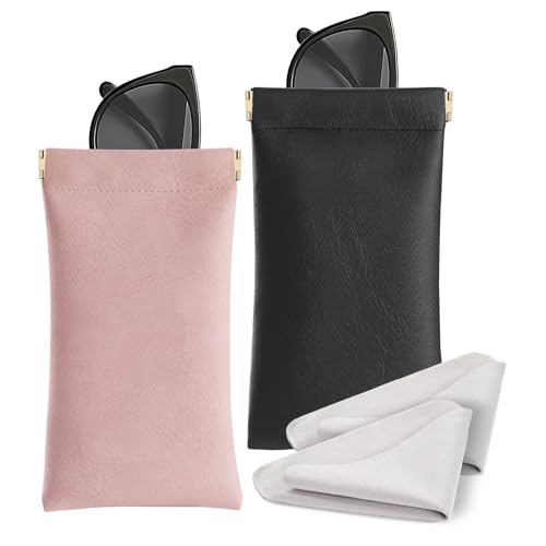 Marvolia Sonnenbrillenetui, 2 Stück, tragbare Brillenetuis mit Quetschverschluss, weiche Brillenetuis für Damen und Herren, PU-Leder-Brillenbeutel, Pink/Schwarz, Einheitsgröße von Marvolia