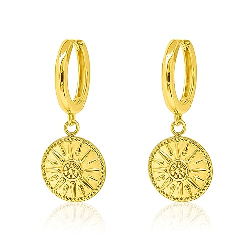 Mary & Jules Creolen Gold 925 Sterling Silber vergoldet mit Sonnen Anhänger, aus recyceltem Silber, Ohrringe Damen Gold, Durchmesser 12 mm, Klappcreolen mit Münz Anhänger für Frauen & Mädchen Mary & Jules Creolen Gold 925 Sterling Silber vergoldet mit Sonnen Anhänger, aus recyceltem Silber, Ohrringe Damen Gold, Durchmesser 12 mm, Klappcreolen mit Münz Anhänger für Frauen & Mädchen von Mary & Jules