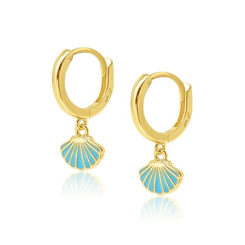 Mary & Jules Muschel Ohrringe Gold hängend, 925 Sterling Silber, vergoldet, aus reyceltem Silber, Creolen Gold mit hübschem, türkisem Muschel Anhänger, Sommer Ohrringe hängend von Mary & Jules