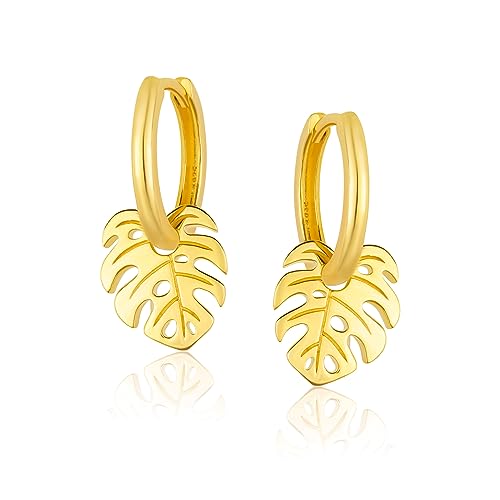 Mary & Jules Ohrringe Gold mit Monstera Blatt Anhänger, 925 Sterling Silber, vergoldet, Damen Creolen Gold für Frauen und Mädchen, Monstera Creolen aus recyceltem Silber von Mary & Jules