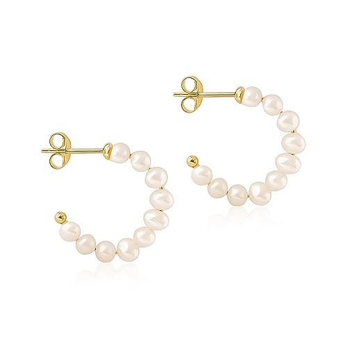 Mary & Jules Perlenohrringe Gold aus recyceltem Silber, Perlen Creolen Silber 925 vergoldet mit Süsswasser Perlen, Ohrringe Damen Gold, Durchmesser 15 mm, für Frauen & Mädchen von Mary & Jules