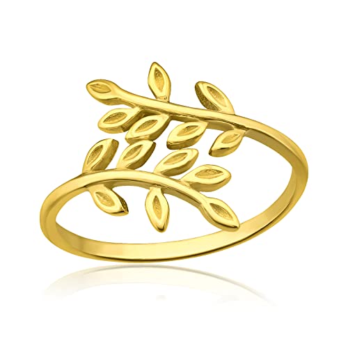 Mary & Jules Ring Gold Damen Olivier aus echtem 925 Sterling Silber, vergoldet, offener, feiner Fingerring mit Olivenblatt Motiv, verstellbar, für Damen und Mädchen, aus recyceltem Silber von Mary & Jules