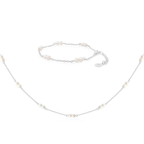 Mary & Jules Schmuckset Perlenkette und Perlenarmband Damen aus 925 Sterling Silber und Süßwasserperlen, aus recyceltem Silber, Set mit Kette und Armband von Mary & Jules