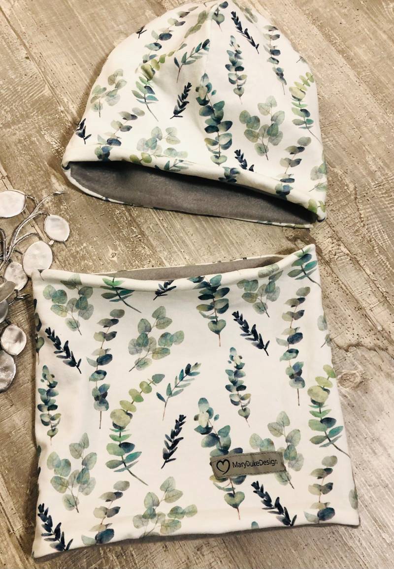 Beanie Mütze Loop Schal Set Eukalyptus Baby Winter Mit Fleece Grau von MaryDukeDesign