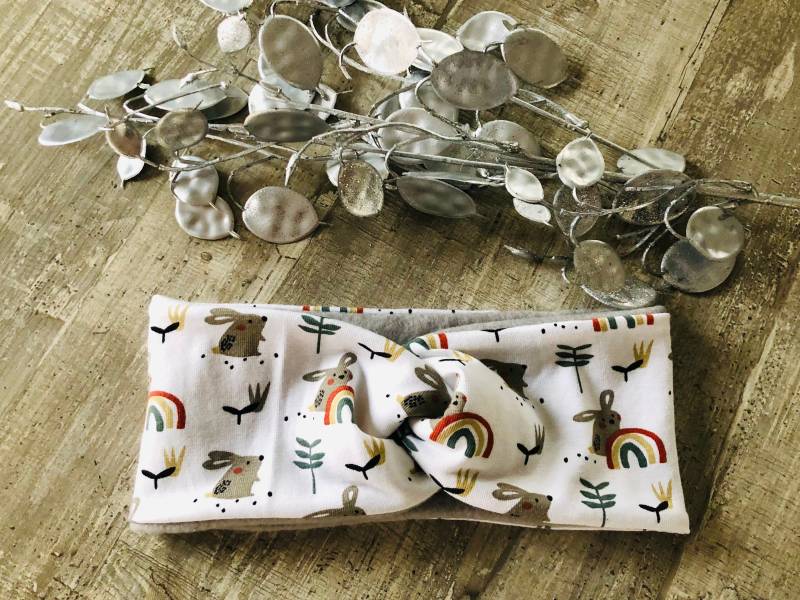 Warmes Doppellagiges Stirnband Mit Fleece Gefüttert Knoten Haarband Bandeau Kinder Mädchen Damen Hase Regenbogen Weiß Für Winter Loop von MaryDukeDesign