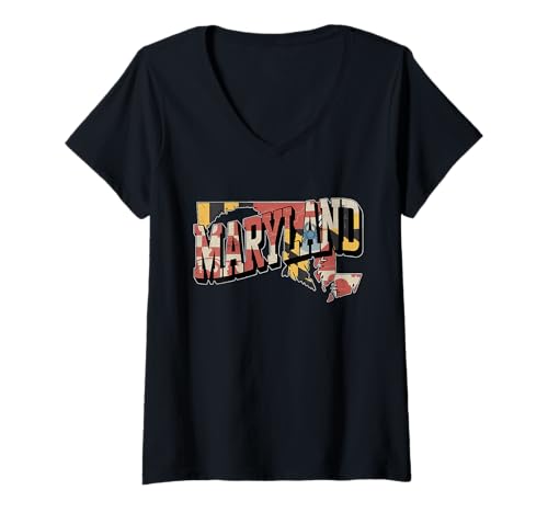 Damen Maryland Flag T-Shirt – MD State Map & Crab Pride T-Shirt mit V-Ausschnitt Damen Maryland Flag T-Shirt – MD State Map & Crab Pride T-Shirt mit V-Ausschnitt von Maryland Chesapeake Retro Apparel