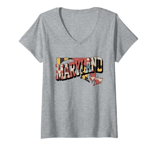 Damen Maryland Flag T-Shirt – MD State Map & Crab Pride T-Shirt mit V-Ausschnitt Damen Maryland Flag T-Shirt – MD State Map & Crab Pride T-Shirt mit V-Ausschnitt von Maryland Chesapeake Retro Apparel