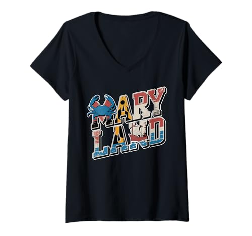Damen Maryland Flag T-Shirt – MD State Map & Crab Pride T-Shirt mit V-Ausschnitt Damen Maryland Flag T-Shirt – MD State Map & Crab Pride T-Shirt mit V-Ausschnitt von Maryland Chesapeake Retro Apparel