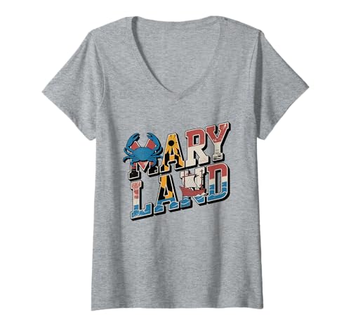 Damen Maryland Flag T-Shirt – MD State Map & Crab Pride T-Shirt mit V-Ausschnitt von Maryland Chesapeake Retro Apparel