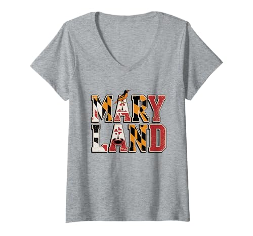 Damen Maryland Flag T-Shirt – MD State Map & Crab Pride T-Shirt mit V-Ausschnitt Damen Maryland Flag T-Shirt – MD State Map & Crab Pride T-Shirt mit V-Ausschnitt von Maryland Chesapeake Retro Apparel