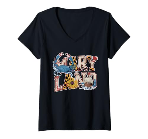 Damen Maryland Flag T-Shirt – MD State Map & Crab Pride T-Shirt mit V-Ausschnitt Damen Maryland Flag T-Shirt – MD State Map & Crab Pride T-Shirt mit V-Ausschnitt von Maryland Chesapeake Retro Apparel