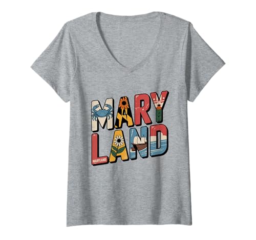 Damen Maryland Flag T-Shirt – MD State Map & Crab Pride T-Shirt mit V-Ausschnitt Damen Maryland Flag T-Shirt – MD State Map & Crab Pride T-Shirt mit V-Ausschnitt von Maryland Chesapeake Retro Apparel