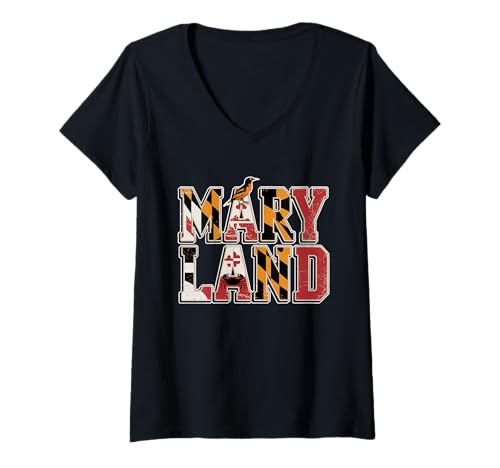 Damen Maryland Flag T-Shirt – MD State Map & Crab Pride T-Shirt mit V-Ausschnitt Damen Maryland Flag T-Shirt – MD State Map & Crab Pride T-Shirt mit V-Ausschnitt von Maryland Chesapeake Retro Apparel