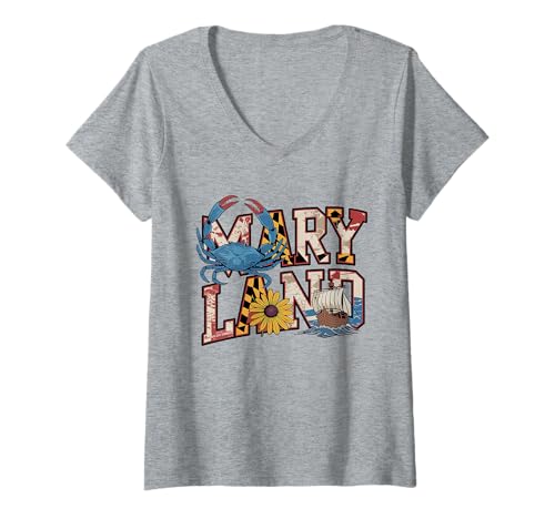 Damen Maryland Flag T-Shirt – MD State Map & Crab Pride T-Shirt mit V-Ausschnitt Damen Maryland Flag T-Shirt – MD State Map & Crab Pride T-Shirt mit V-Ausschnitt von Maryland Chesapeake Retro Apparel