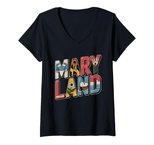 Damen Maryland Flag T-Shirt – MD State Map & Crab Pride T-Shirt mit V-Ausschnitt Damen Maryland Flag T-Shirt – MD State Map & Crab Pride T-Shirt mit V-Ausschnitt von Maryland Chesapeake Retro Apparel