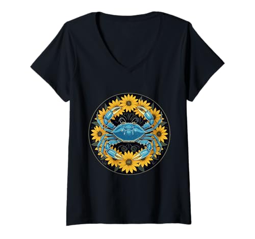 Damen Blaue Krebstiere und schwarzäugige Susan-Blumen T-Shirt mit V-Ausschnitt Damen Blaue Krebstiere und schwarzäugige Susan-Blumen T-Shirt mit V-Ausschnitt von Maryland Territory Symbols Gifts & Tees taiche