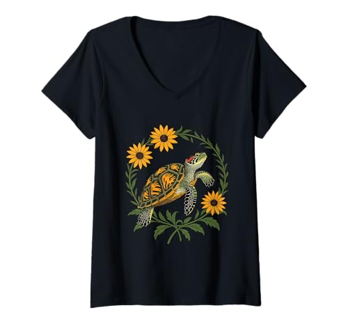 Damen Kleine Schildkröte und Schwarzäugige Gänseblümchen T-Shirt mit V-Ausschnitt Damen Kleine Schildkröte und Schwarzäugige Gänseblümchen T-Shirt mit V-Ausschnitt von Maryland Territory Symbols Gifts & Tees taiche