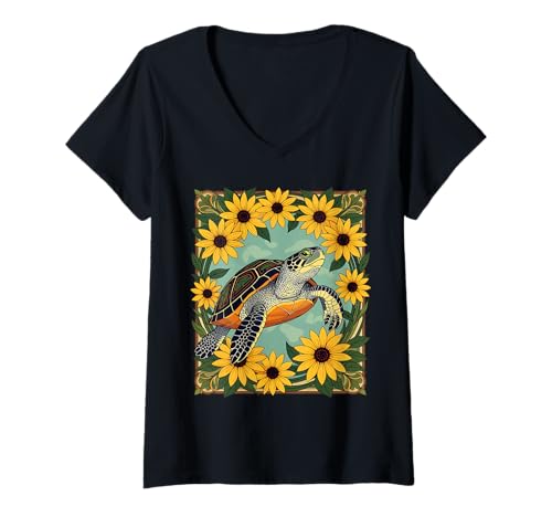 Damen Kleine Schildkröte und Schwarzäugige Gänseblümchen T-Shirt mit V-Ausschnitt Damen Kleine Schildkröte und Schwarzäugige Gänseblümchen T-Shirt mit V-Ausschnitt von Maryland Territory Symbols Gifts & Tees taiche