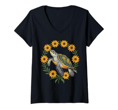 Damen Kleine Schildkröte und Schwarze Augen Susan Blumen T-Shirt mit V-Ausschnitt Damen Kleine Schildkröte und Schwarze Augen Susan Blumen T-Shirt mit V-Ausschnitt von Maryland Territory Symbols Gifts & Tees taiche
