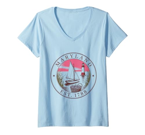 Damen Maryland Vintage State 1788 Segelboot Lighthouse Bay T-Shirt mit V-Ausschnitt von Maryland Vintage State 1788 Tee Shirts Chesapeake