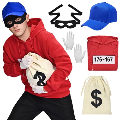 Banditen Kostüm Herren Hoodie mit Maske, Karneval Cosply Kostüm Outfit Sweatshirt Maske Set Cap Handschuhe Einbrecher Bankräuber Verkleidung für Halloween Karneval (rot(Kapuzenpullover), S) von Marypaty