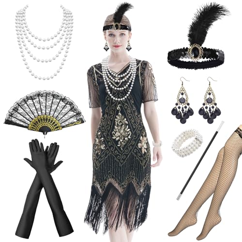 Marypaty 1920er Jahre Pailletten V-Ausschnitt Vintage Kleid, Charleston Kleid, Gatsby Accessoires Damen, Ärmellos Wickelkleid Fransenkleid Latein Tanzkleid mit Stirnband Halskette (Schwarz-Gold, M) von Marypaty