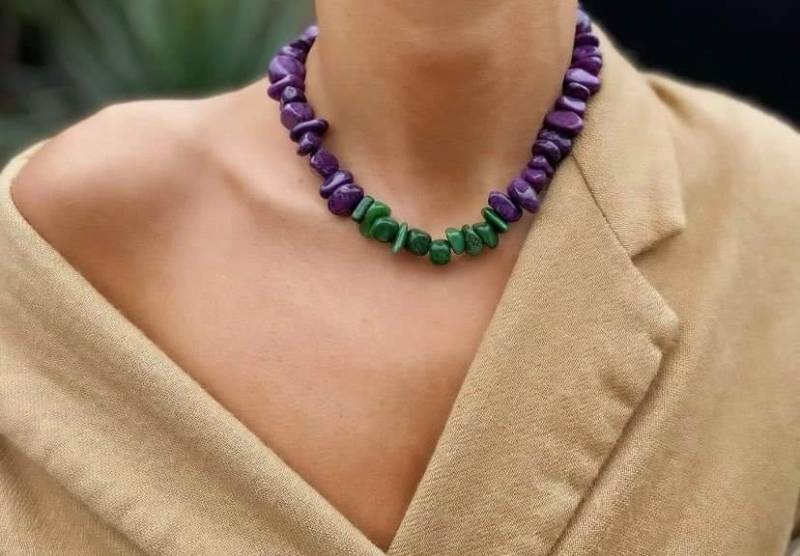 Achat Halskette in Lila Und Grün, Edelstein Halskette, Sommerliche Trend Farben von MasaNecklaces