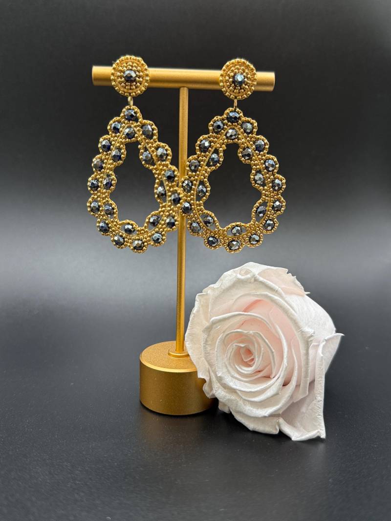 Chandelier Ohrringe Handgemacht Gold Anthrazit - Festliche Statement Aus Glasperlen & Miyuki Perlen von MaschenmitHerz