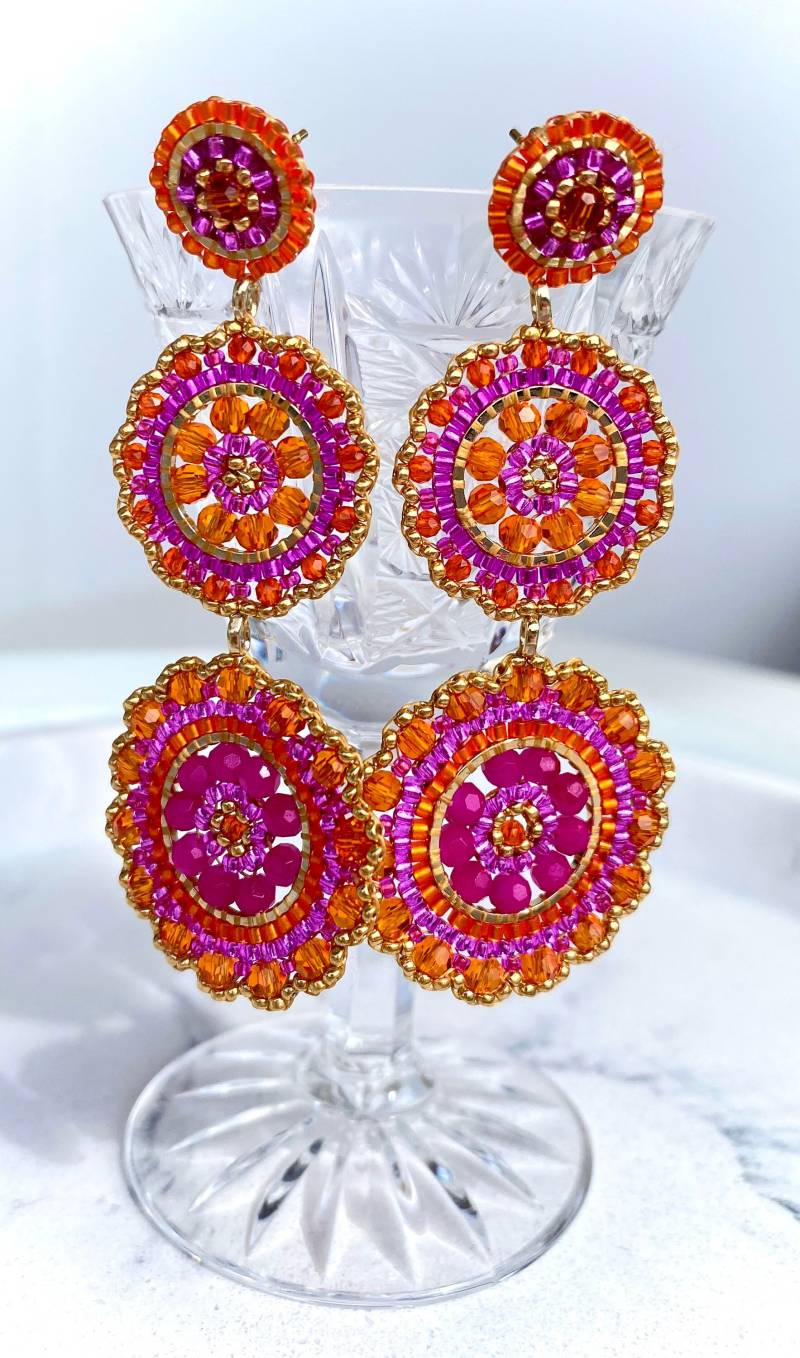 statement Ohrringe in Pink Orange Gold - Dreiteilige Sommerohrringe Handgemacht Mit Miyuki- Und Glasperlen Leicht & Auffällig von MaschenmitHerz