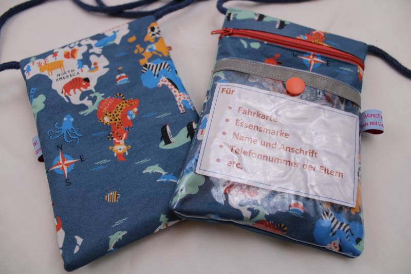 Brustbeutel/Umhängetäschchen Für Kinder "Tierwelten" - Mit Klarsichtfach/Sichtfenster Reflektorstreifen; Geldbörse, Fahrkartentasche von Maschenwichtel